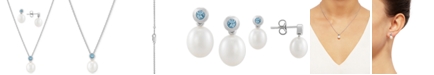 Macy's 2-Pc. Set Cultured Freshwater Pearl (7-1/2 & 8-1/5mm) & Blue Topaz (1/2 ct. t.w.) Pendant Necklace & Matching Stud Earrings in Sterling Silver